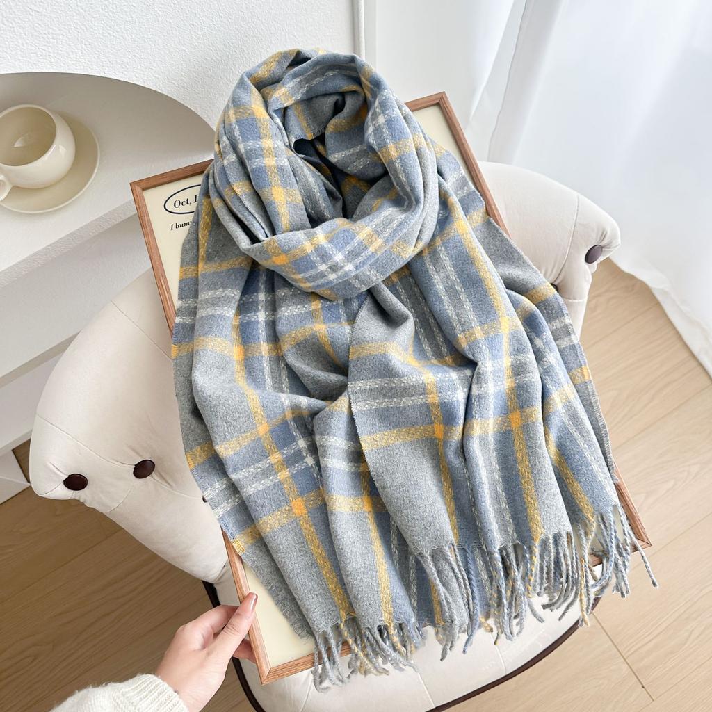 Korean Style Plaid Scarf for Women Winter Pinstripe Student Warm Thickened Imitation Cashmere Long Shawl Scarf