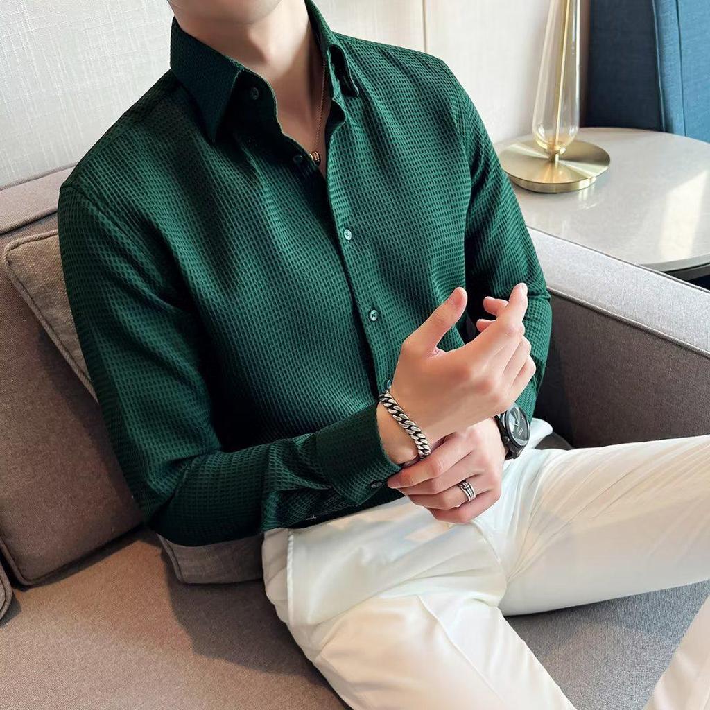 Men's New Long Sleeve Waffle French Business Shirt - Autumn/Winter Fashion