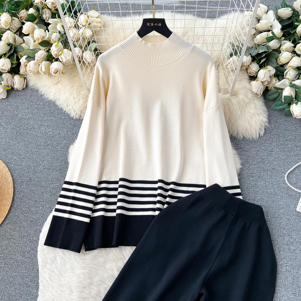 Осень-весна повседневные трикотажные комплекты с высоким воротником в полоску пуловер с разрезом + широкие длинные брюки женский модный свободный костюм-свитер