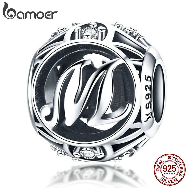 BAMOER Круглые шармы из стерлингового серебра 925 "Латинский алфавит"