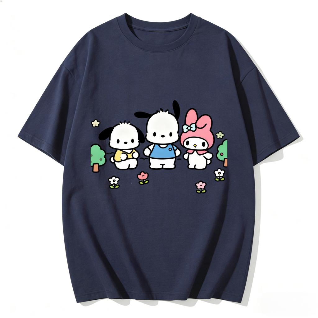 Summer Cute Pochacco My Melody Print Tshirt Casual Short Sleeve Tees for Mom and Daughter Sweet Family Matching Outfits Fashion