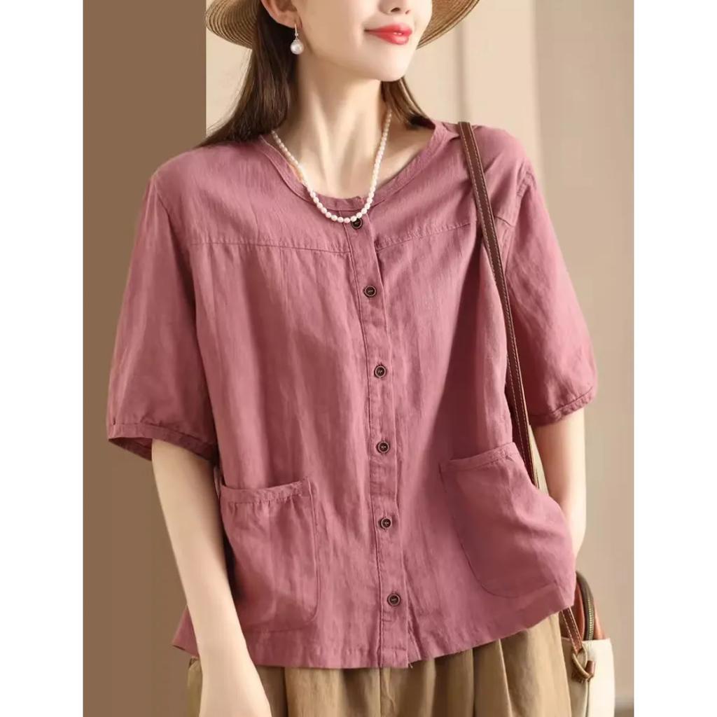Женская летняя однотонная повседневная рубашка в стиле ретро с короткими рукавами, однобортный повседневный удобный топ