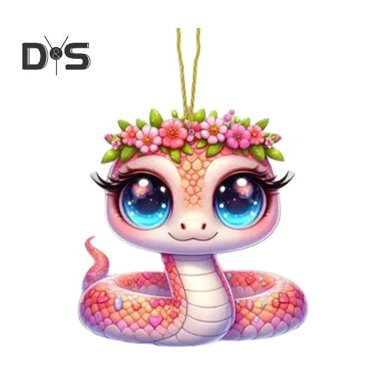 Pink Flower Snake Pendant Acrylic Christmas Tree Hanging Car Decoration Funny Snake Lover Xmas Gift for Car Rearview Mirrors Windows Bags