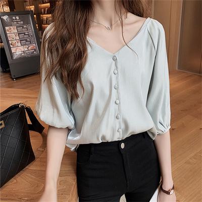 Женские летние топы больших размеров с коротким рукавом, топы-кардиганы с V-образным вырезом, однотонная офисная базовая рубашка