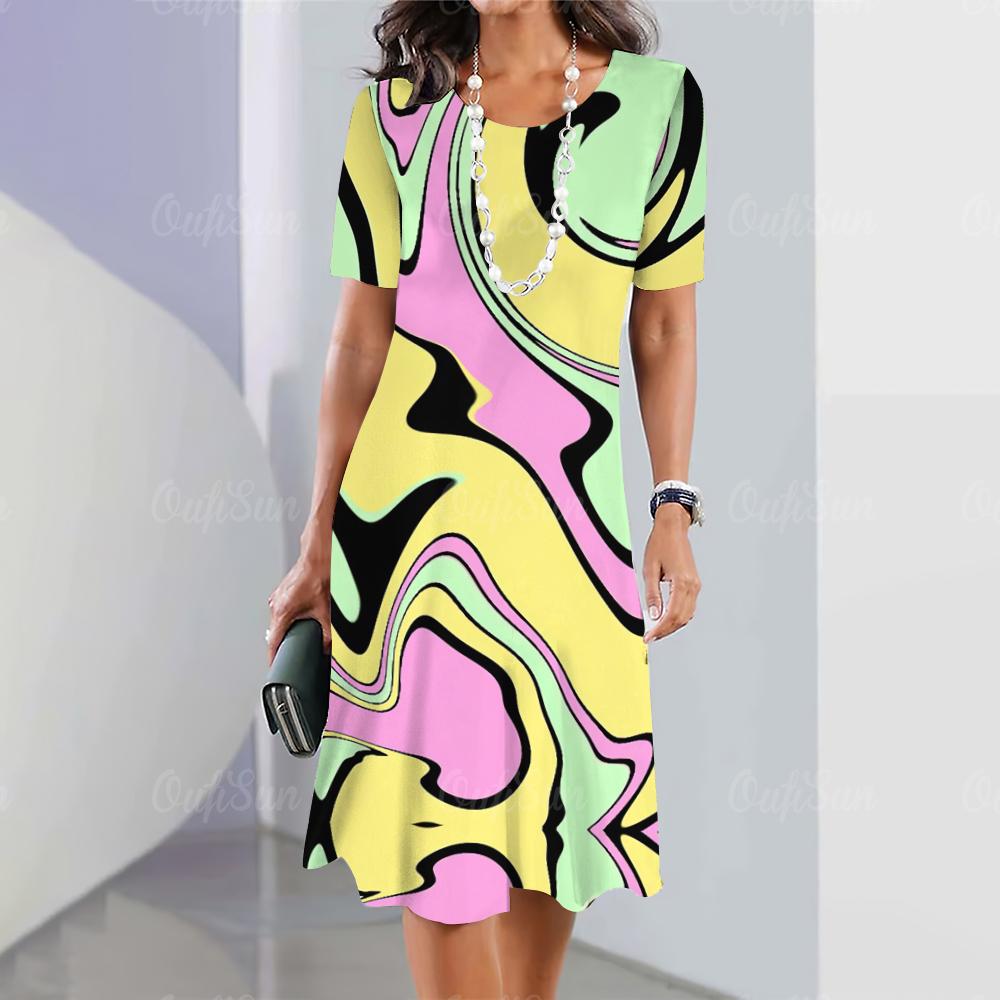 Summer Woman Dresses Women's Round Neck Short Sleeves Clothing Irregularly Streak Print Dress Clothing Loose Pullover Streetwear