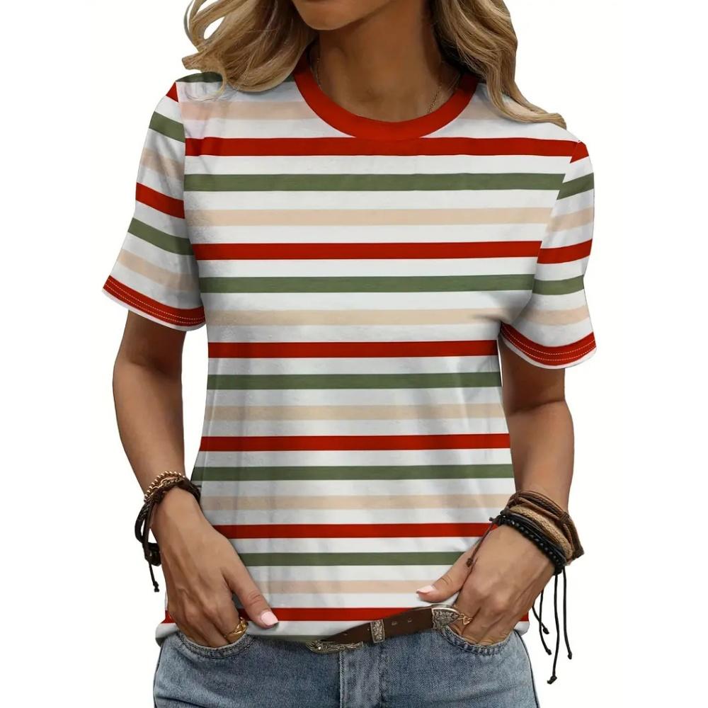 Fashion Women's T-Shirt Stripe Splicing Woman T-Shirt Summer Round Neck Short Sleeve Tops Loose Casual Loose Oversize Clothing