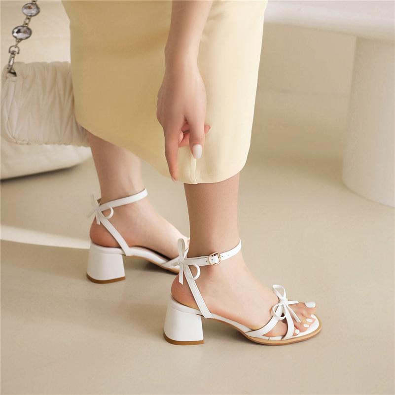 Women Ankle Strap Sandals Round Toe Block Mid Heels Buckle Bow Ladies Fashion Casual Shoes Summer Black White Pink 45