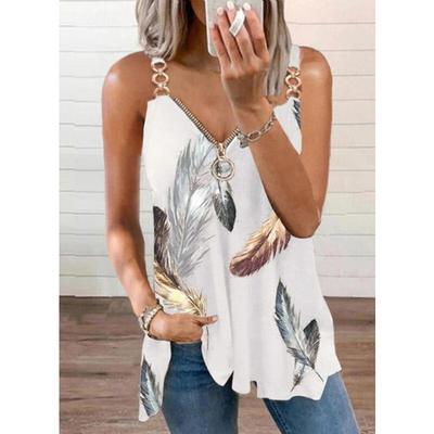 2023 Модная блузка без рукавов с принтом листьев для женщин, свободные рубашки с V-образным вырезом и молнией, элегантные повседневные стильные топы, летние блузы 26506