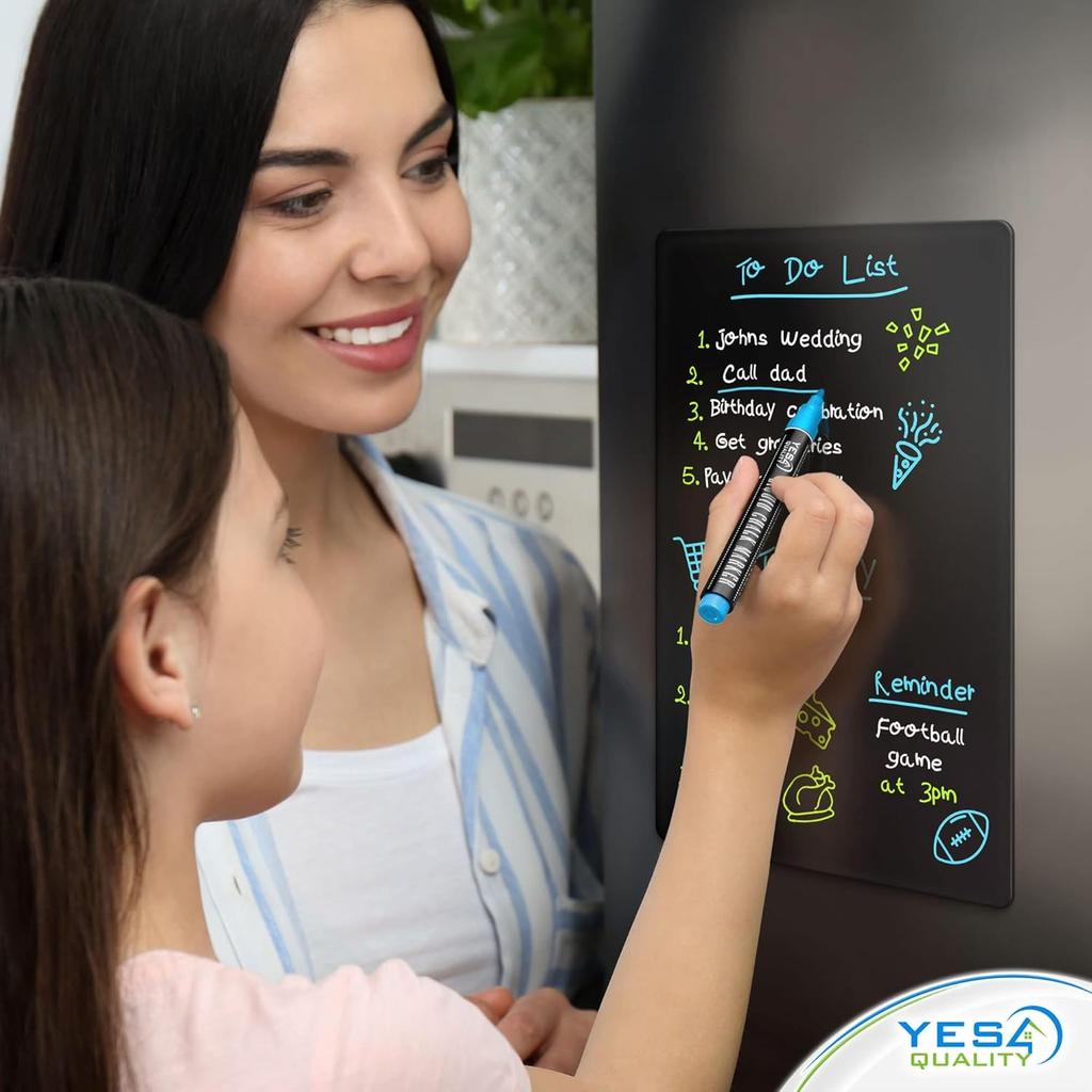 Magnetic Black Dry Erase Board for Fridge (12 x 8 inch), Stain-Resistant w/ 3 Magnetic, Fine-Tip Neon Chalk Markers & Eraser by Yes4Quality