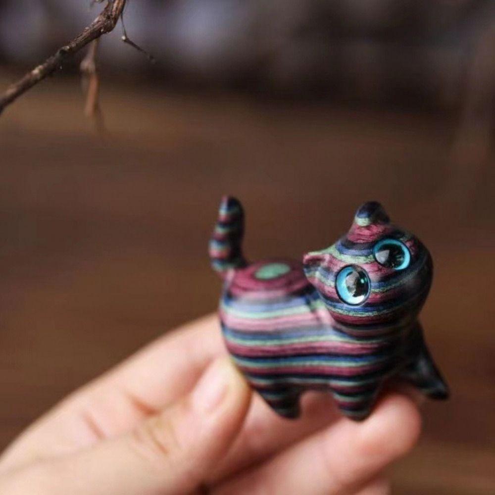 Kawaii Wooden Carved Figurine Mini Rainbow Car Ornament Cat Desktop Figurine Car