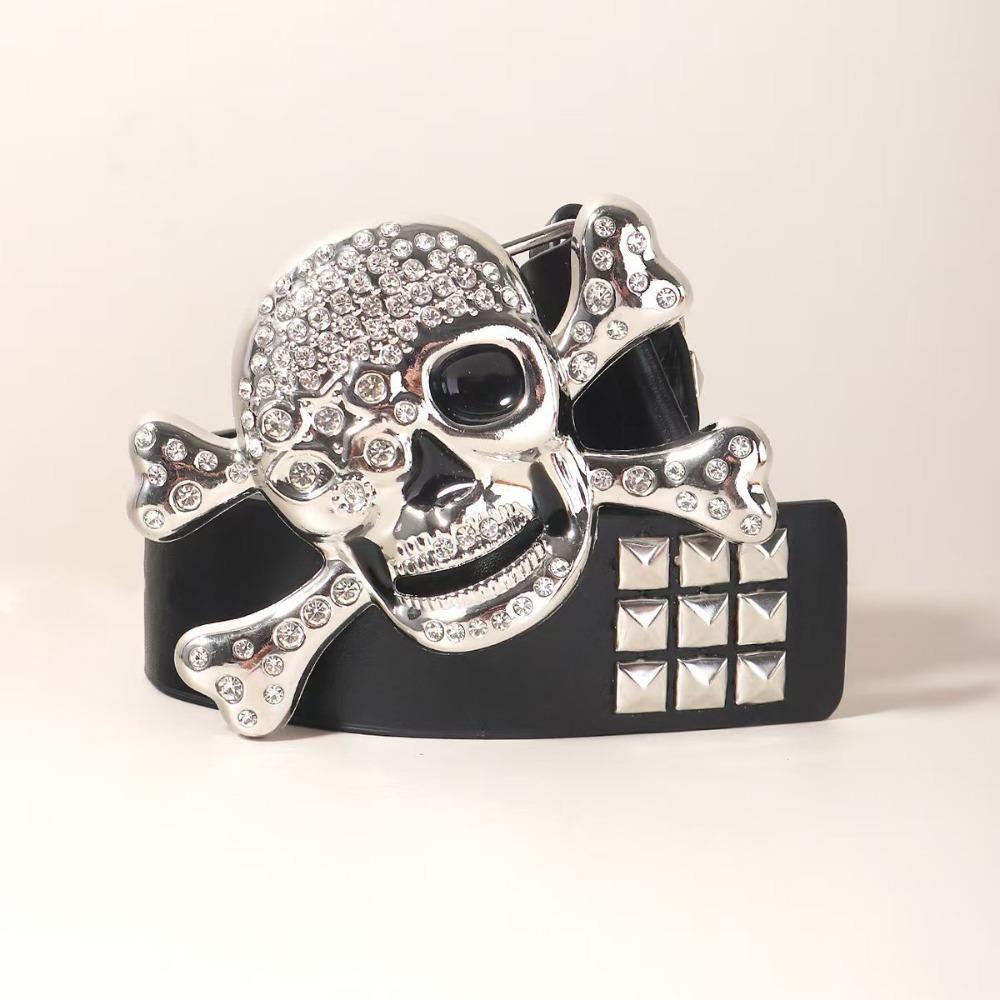 Y2K Черный ремень с заклепками, ремень со стразами и скелетом, модный ремень с черепом, широкий пояс, для пары