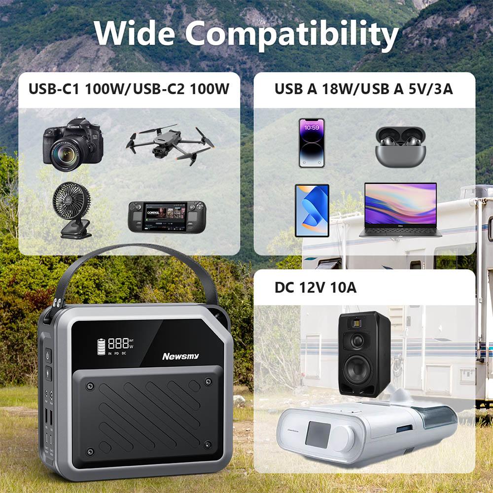 Портативная электростанция NEWSMY P72, 268 Вт 270 Втч/72000 мАч литий-железо-фосфатный аккумулятор с прожектором, 2×100 Вт USB-C PD, 5 выходов