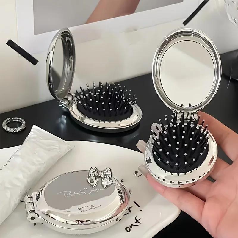 Портативная мини-расческа для волос в форме бантика - Нейлоновая щетина, складная, с воздушной подушкой для нормальных волос, дорожный инструмент для укладки с зеркалом