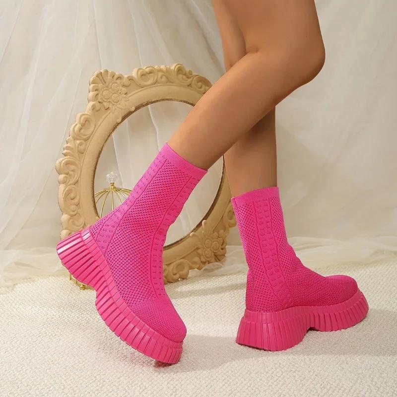 Microfiber Ankle Square Heel Modern Boots Winter Slip-on Round Toe 2024 Fashion Ladies Shoes Mid Heel Solid Women's Boots