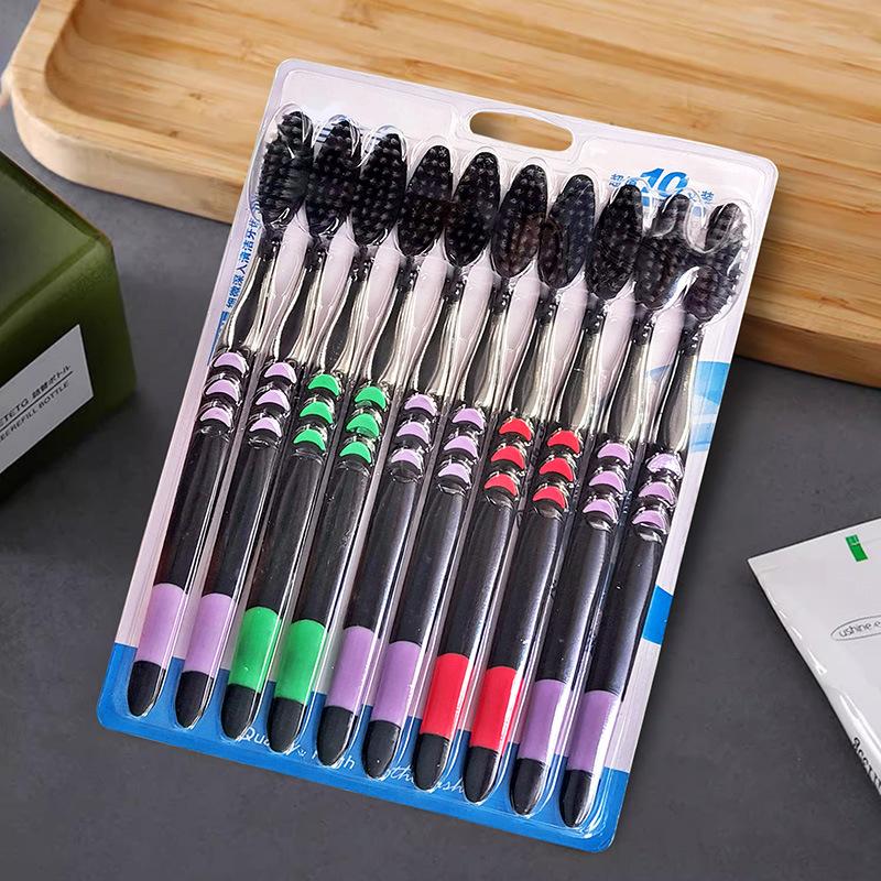 Упаковка из 10 зубных щеток с бамбуковым углем, супермягкой, супертонкой щетиной и цветными ручками для взрослых и студентов