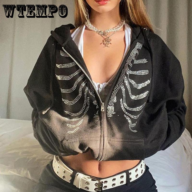 Y2K Rhinestone Skeleton Hoodies Women Gothic Black Red Zip-up Sweatshirts Female Retro Harajuku Hooded Coats Streetwear
