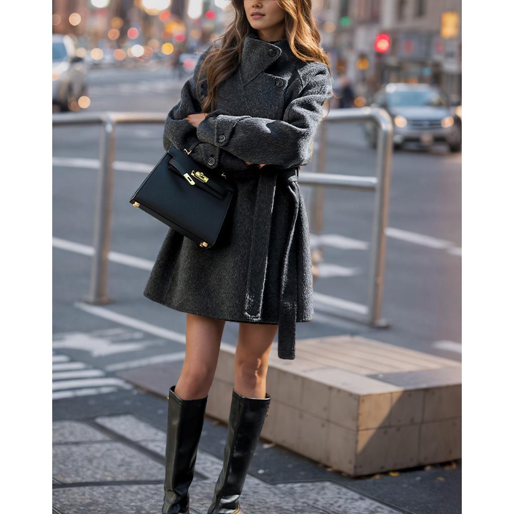 Женское шерстяное пальто с воротником-стойкой и поясом на талии, осень/зима 2024