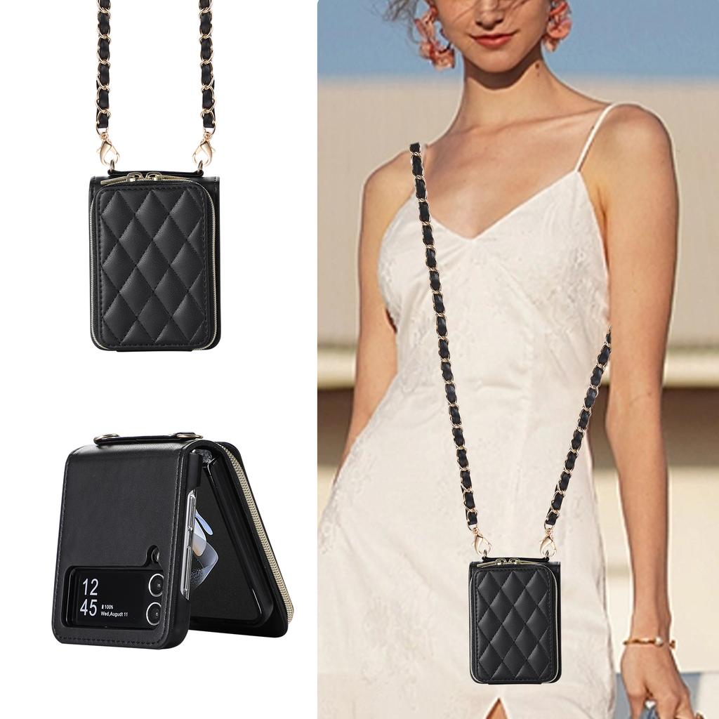 Crossbody Leather Zipper Cards Solt Wallet Case For Samsung Galaxy Z Flip 5 4 3 Z Fold 5 Fold4 Fold3 Metal Chain Lanyard Cover