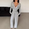 Women Two Piece Sets Sexy V-neck Long Sleeve Shirts Loose High Waist Wide Leg Pant Sets Lady Running Tracksuits