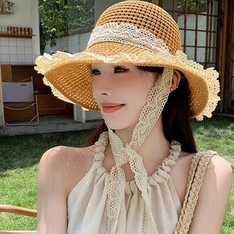 Соломенная шляпа женская кружевная шляпа рыбака с ремешком из кружева защита от солнца полая дышащая шляпа от солнца дорожная шляпа от солнца на море