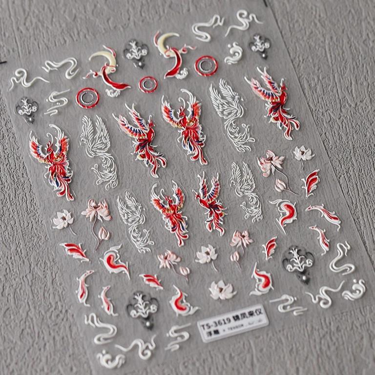 5D Butterfly Red Spider Lily Blooming Flowers Nail Art Stickers Chinese Characters Phoenix Swallow Self Adhesive Manicure Decals