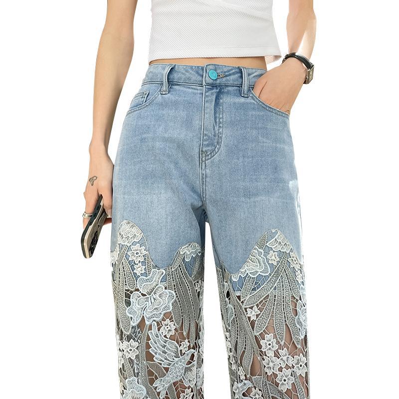 Women's Lace Patchwork Jeans Summer Straight Slim Retro Casual Pants