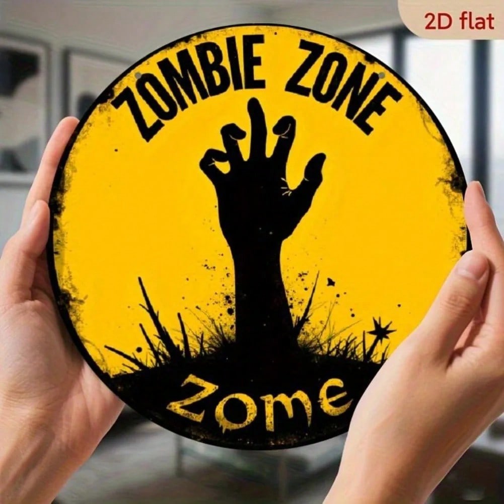 Zombie Zone Halloween Metal Sign Vintage Spooky Decor Hand Painted 8x8 Inch Round