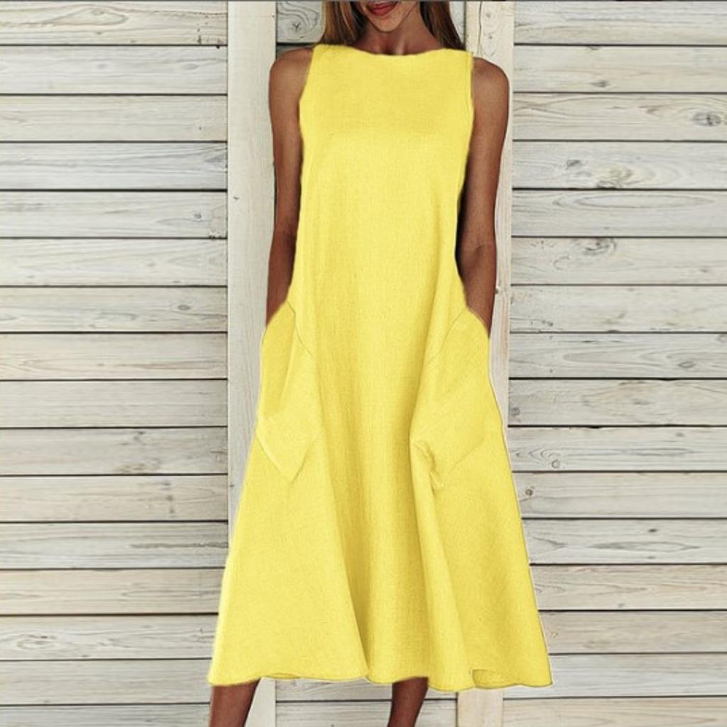 Женское свободное повседневное платье из хлопка и льна без рукавов с круглым завязками и карманами