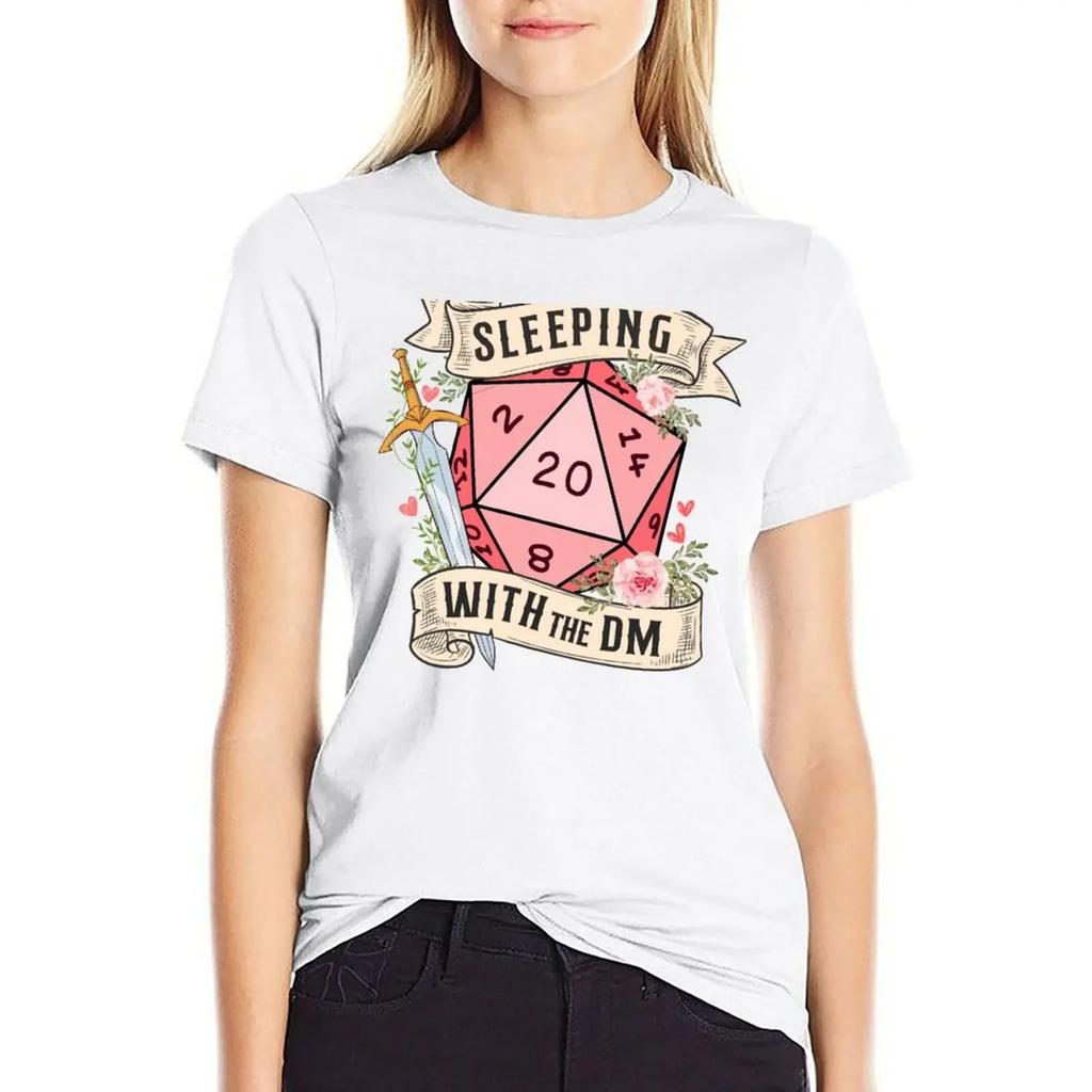 SLEEPING WITH THE DUNGEON MASTER Cute D20 Dnd Dice with Flowers and Sword TShirt Funnys Women Clothes Graphic T Shirts Y2k Top