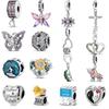925 Silver Pink Butterfly Love Heart Pendant Shiny Hollow Beads Fit Charms Bracelet Jewelry Anniversary
