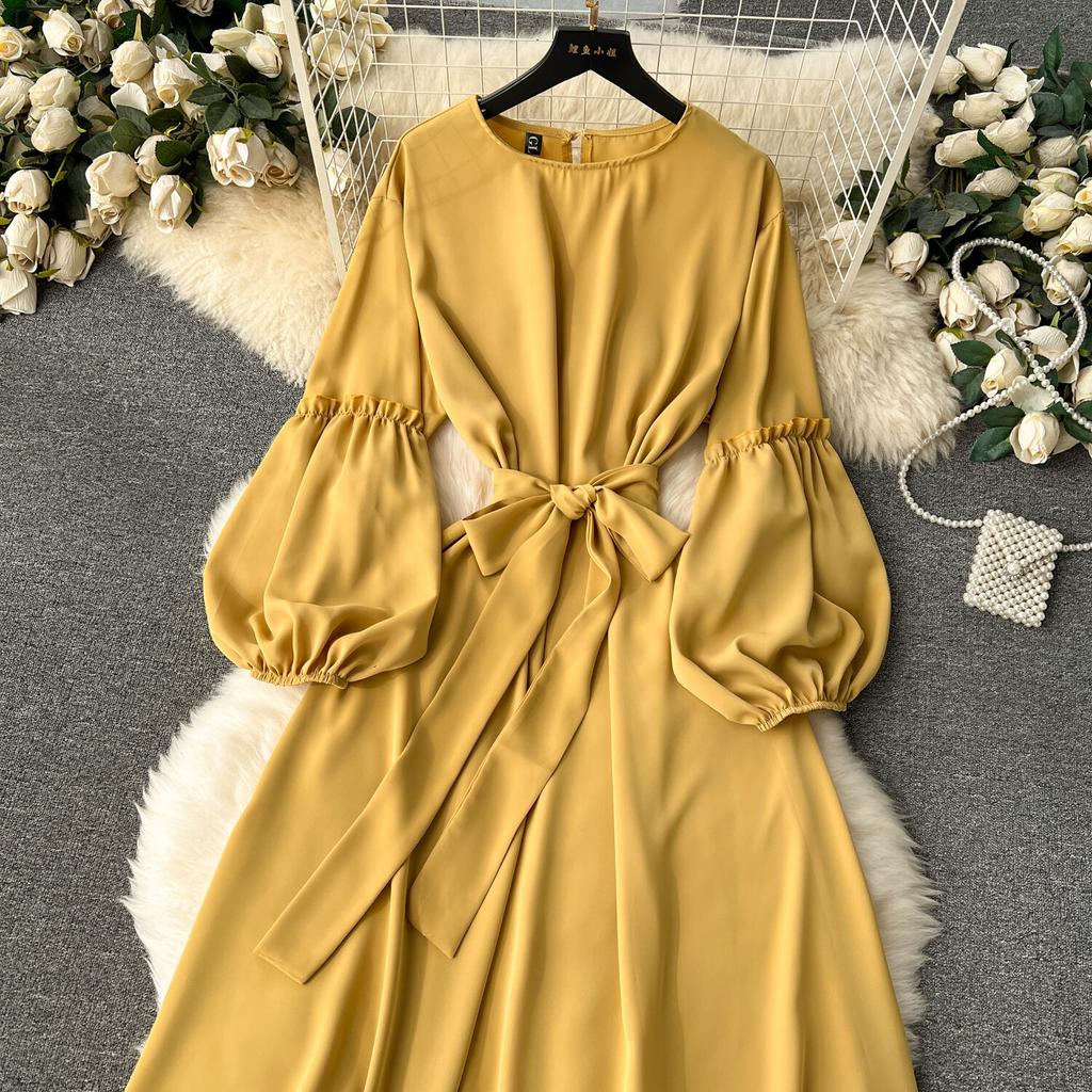 Женские винтажные милые платья средней длины с высокой талией А-силуэта с круглым вырезом и рукавами-фонариками на шнуровке Vestidos весна-лето Женское платье