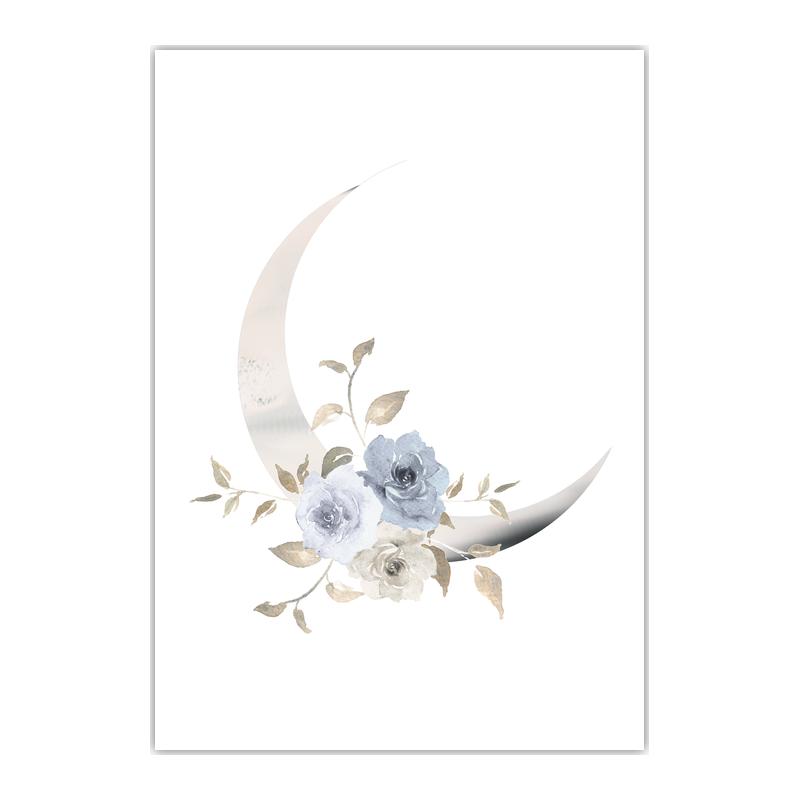 Plant Flower Wall Art, Nordic Moon Canvas Painting, Minimalist Aesthetic Poster Print for Living Room Bedroom Wall Decor