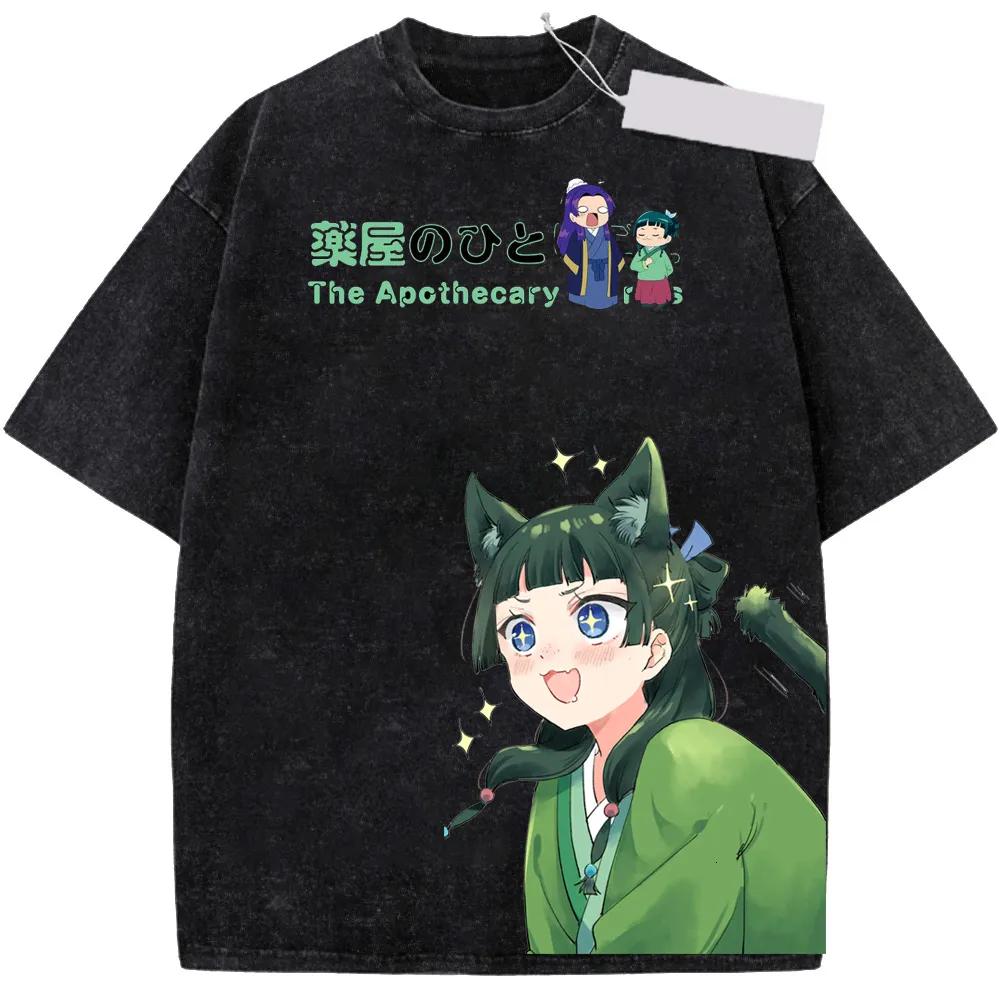 Washed Tee Maomao Print T-shirt The Apothecary Diaries Anime Clothing Men Women Cotton Tshirts Vintage Washed Tee Harajuku Unisex T Shirt oversize