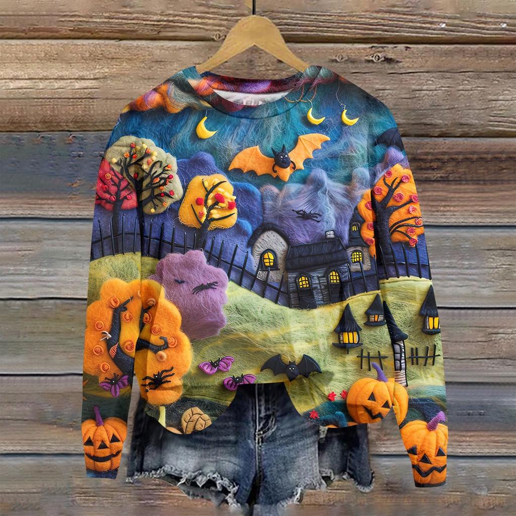 Ladies Fashion Casual Long Sleeve Halloween Printed Round Neck Hoodie Top