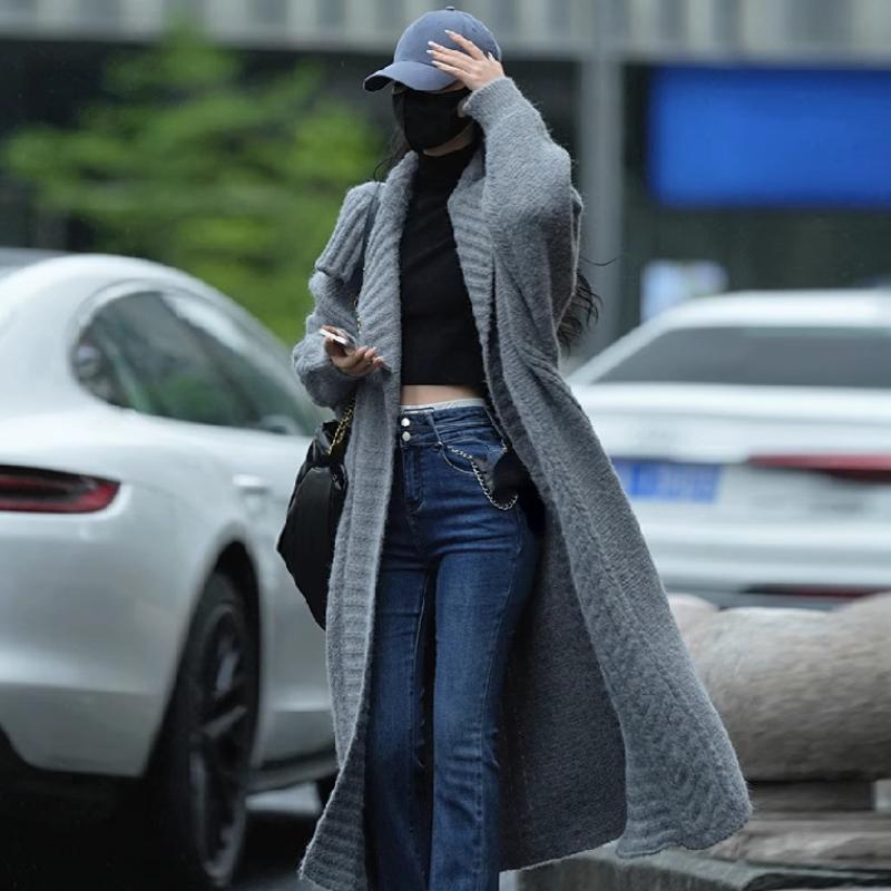 Длинный вязаный кардиган, женский элегантный свободный женский свитер с лацканами и длинными рукавами, пальто 2024, весенняя уличная женская верхняя одежда