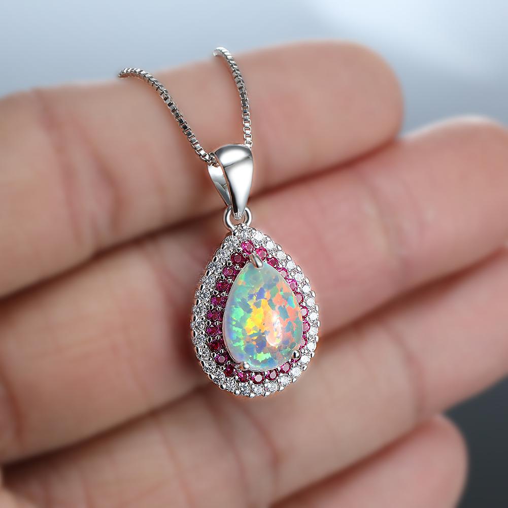 Большой кулон-капля с камнем Белый Опал Огненный Ожерелья для Женщин Винтажная Серебряная Цепочка Розово-Красный Синий Циркон Свадебные Украшения