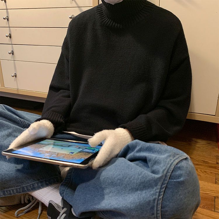 Свитер с высоким воротником, мужская осенне-зимняя теплая однотонная вязаная рубашка с подкладкой