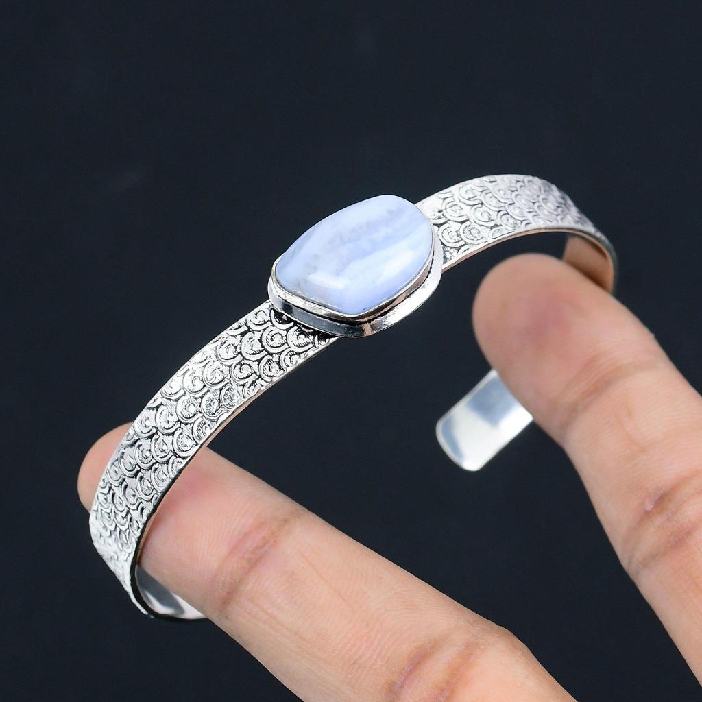 Daughters Day Sale 925 Sterling Silver Blue Lace Agate Gemstone Bangle Bracelet