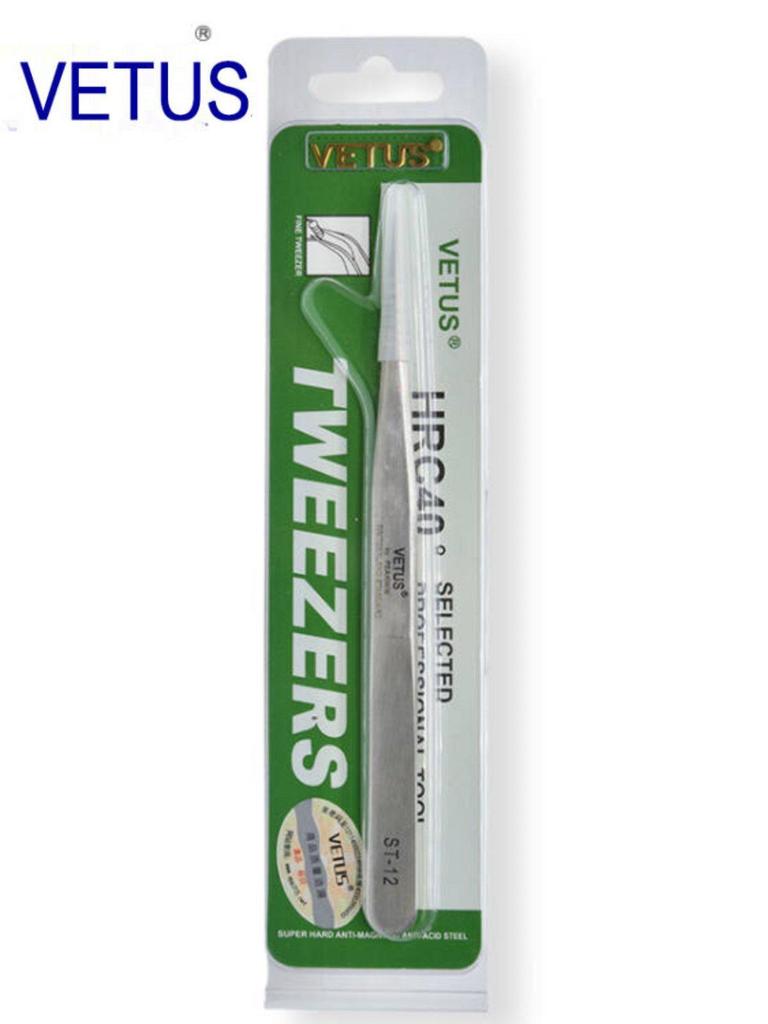 VETUS ST-12 Stainless Steel Precision Tweezers, Anti-Magnetic/Acid, for Watch Repair, Manicure, Bird's Nest Handling