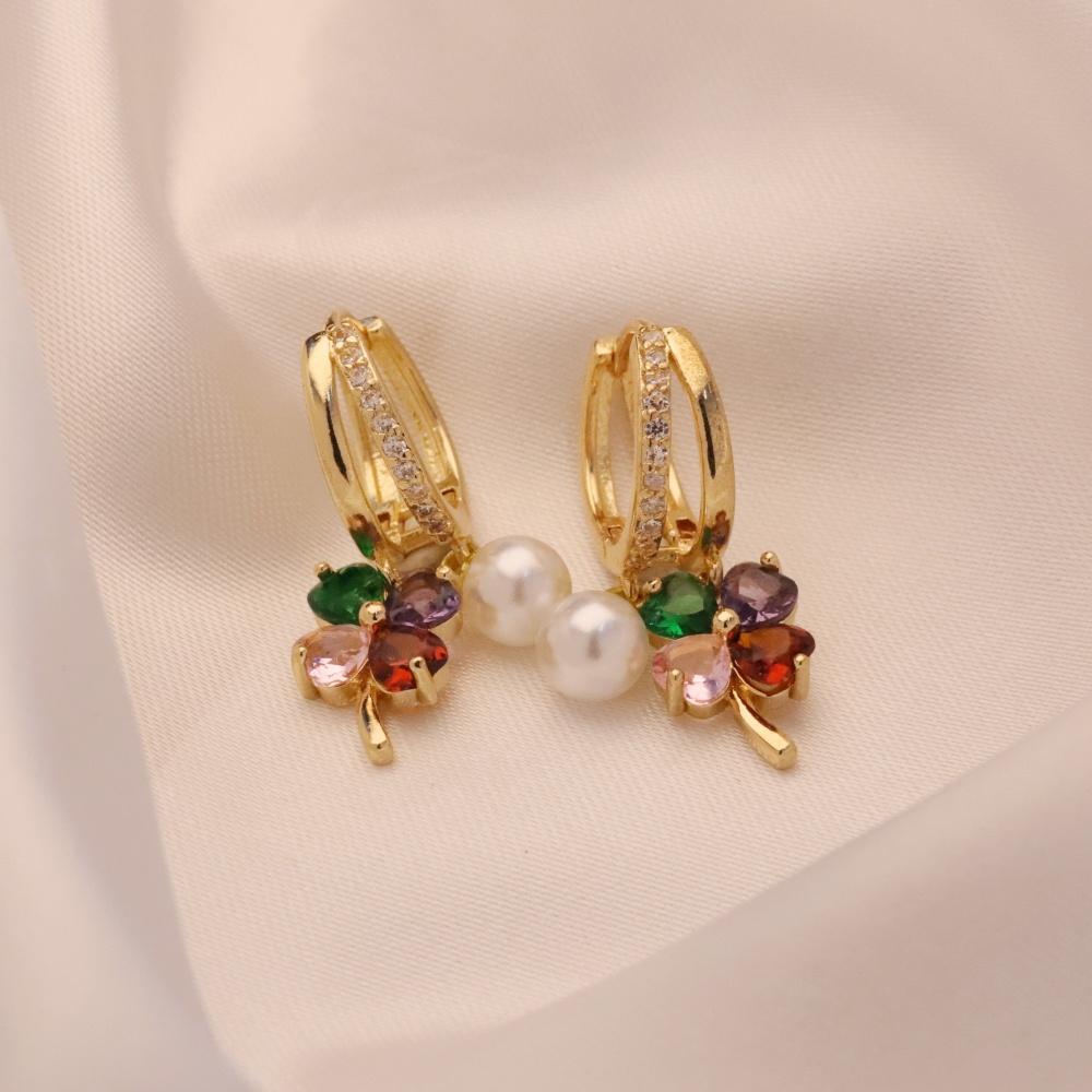 1 пара Модные красочные серьги-подвески с четырехлистным клевером из циркония и искусственным жемчугом для женщин, золотая бижутерия для свадьбы и вечеринки