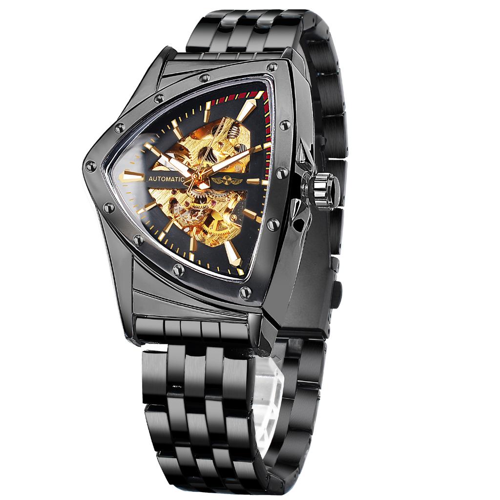 Автоматические механические часы с треугольным корпусом и скелетонированным дизайном, ремень из нержавеющей стали, модные мужские светящиеся наручные часы