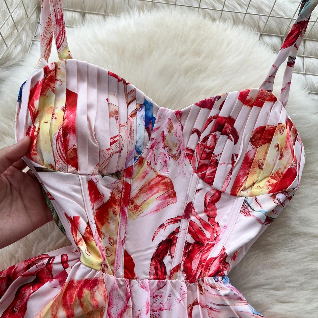 Summer Women Elegant Print Spaghetti Strap Long Maxi Party Dresses with Belt