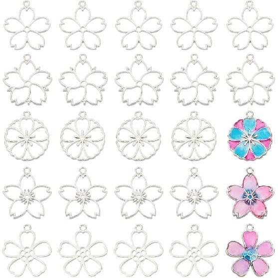 OLYCRAFT 30pcs Blossom Open Bezel Pendants Flower Charms 5-Shape Hollow Frame Dangle Charms Making Kits for DIY UV Resin or Pressed Flower Jewelry