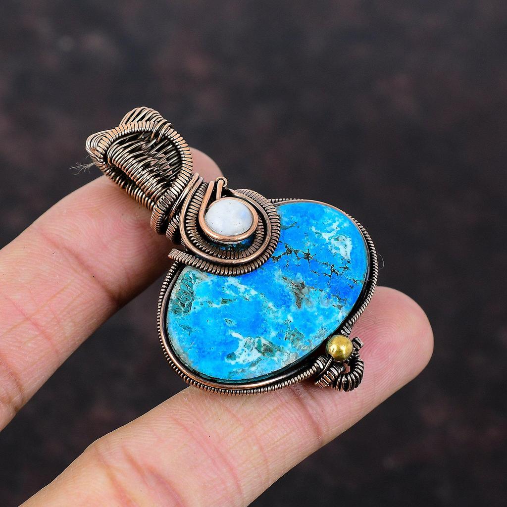 Подвеска из аризонской бирюзы и меди, украшения, обмотанные медной проволокой, подвеска из драгоценного камня ручной работы, подвеска из радужного лунного камня, обмотанная проволокой, подарок для нее