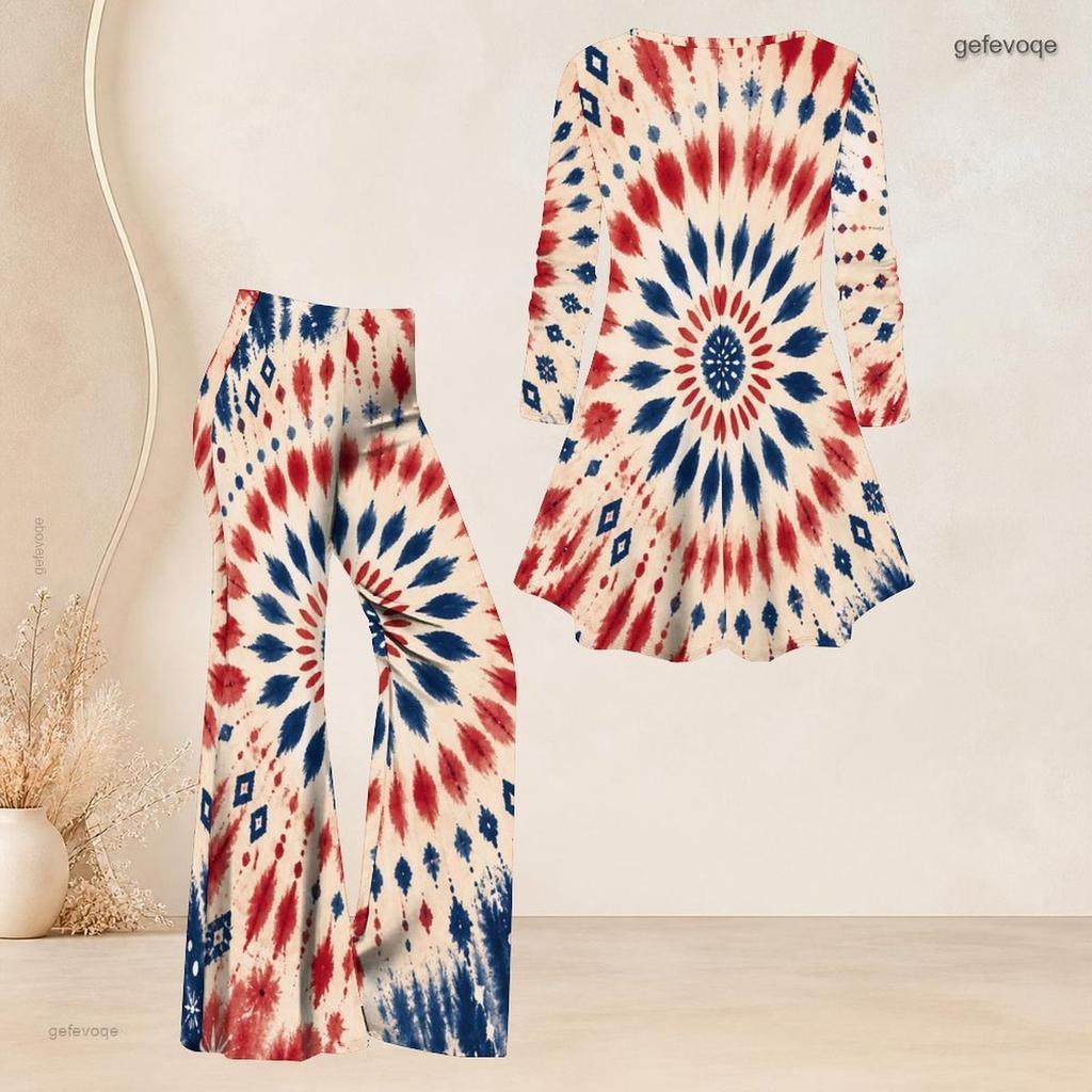 Women Plus Size Navy Blue Printed V Neck Long Sleeve Flared Top Flared Pants Two Piece Outfit