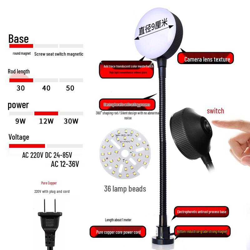 220V LED Work Light with Magnetic Base for Lathe, Punch Press, Injection Molding, and 24V Equipment