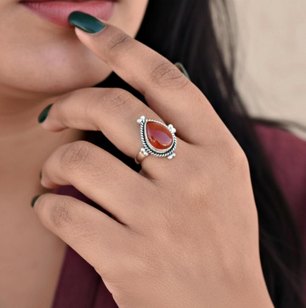 Red Carnelian 925 Sterling Silver Ring, Handmade Teardrop Gemstone Statement Ring, Minimalist Boho Jewelry