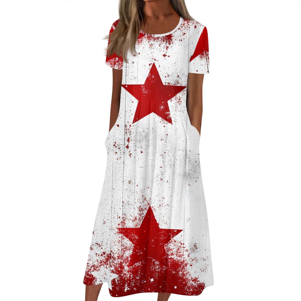 Женское летнее повседневное модное платье с коротким рукавом и карманом на День независимости с коротким рукавом