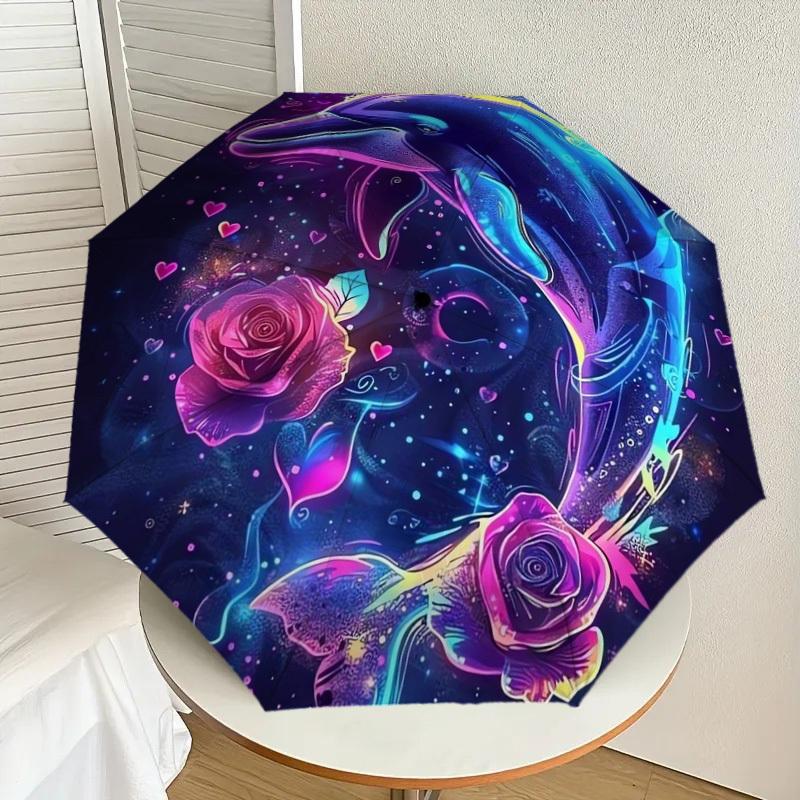 1pc Neon Dolphins Roses Heart Umbrella with Plastic Handle,Suitable for All Seasons Home Travel Outdoor UmbrellaDD420