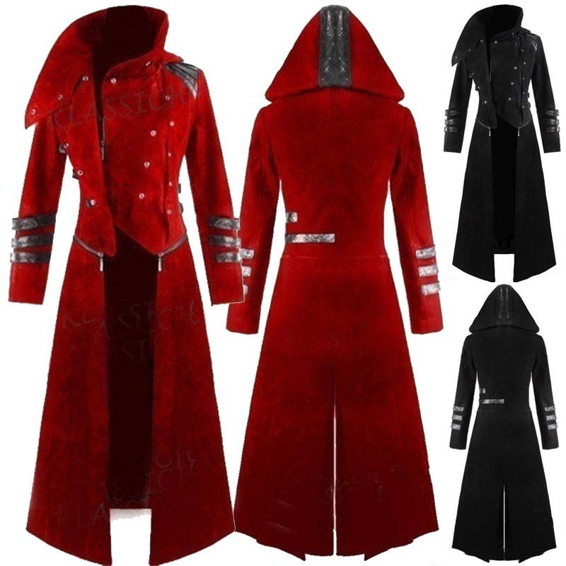 Элегантное мужское длинное готическое стимпанк-тренч-пальто с капюшоном и дизайном в стиле корсета